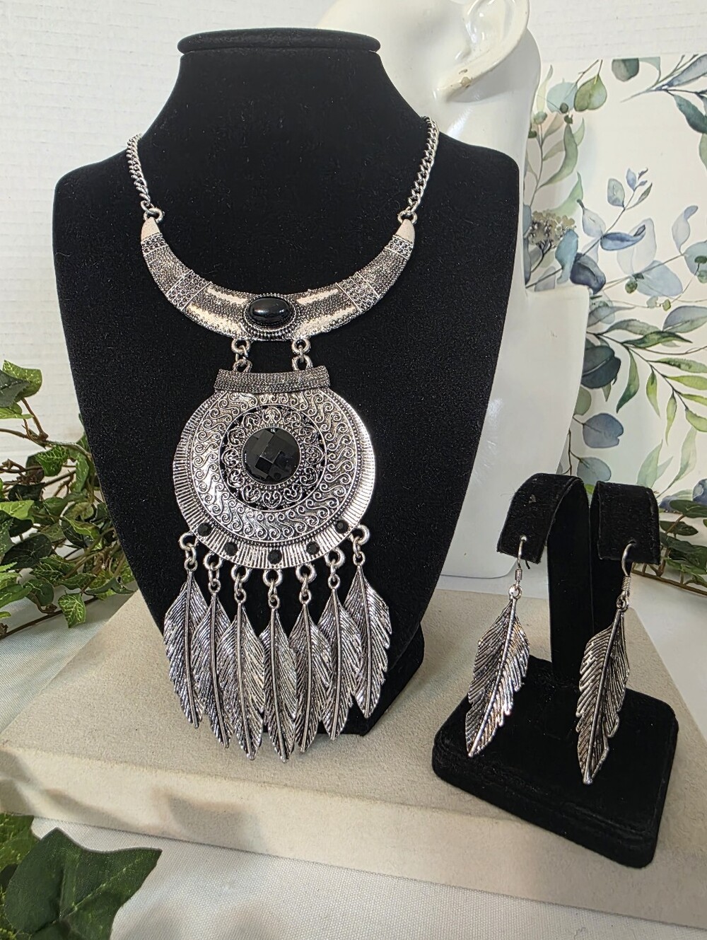 Boho Silver Crescent Feather Statement Necklace Set Black Stones Festival